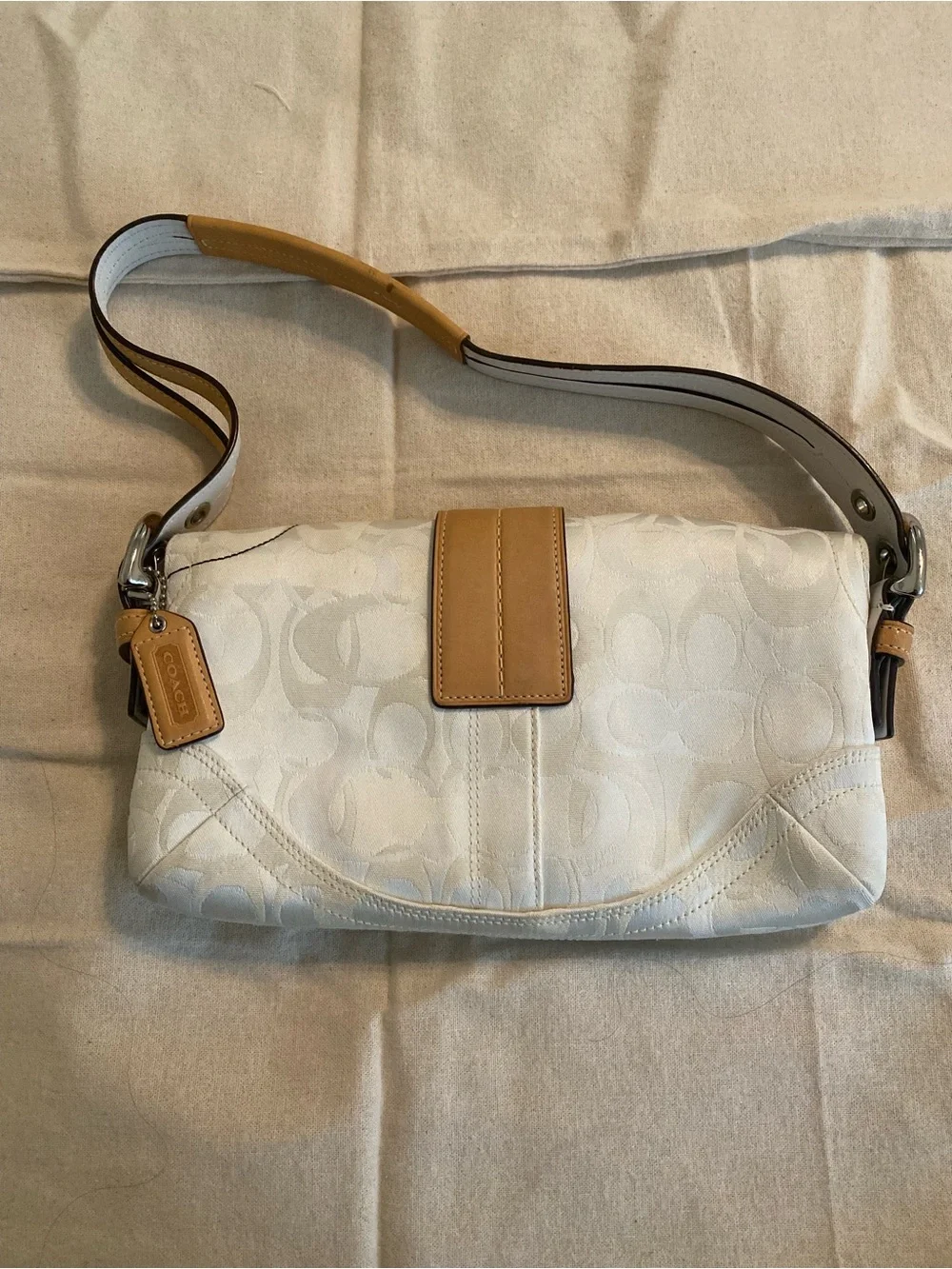 Coach White Signature Canvas Shoulder Bag with Tan Leather Trim and Bee Accent